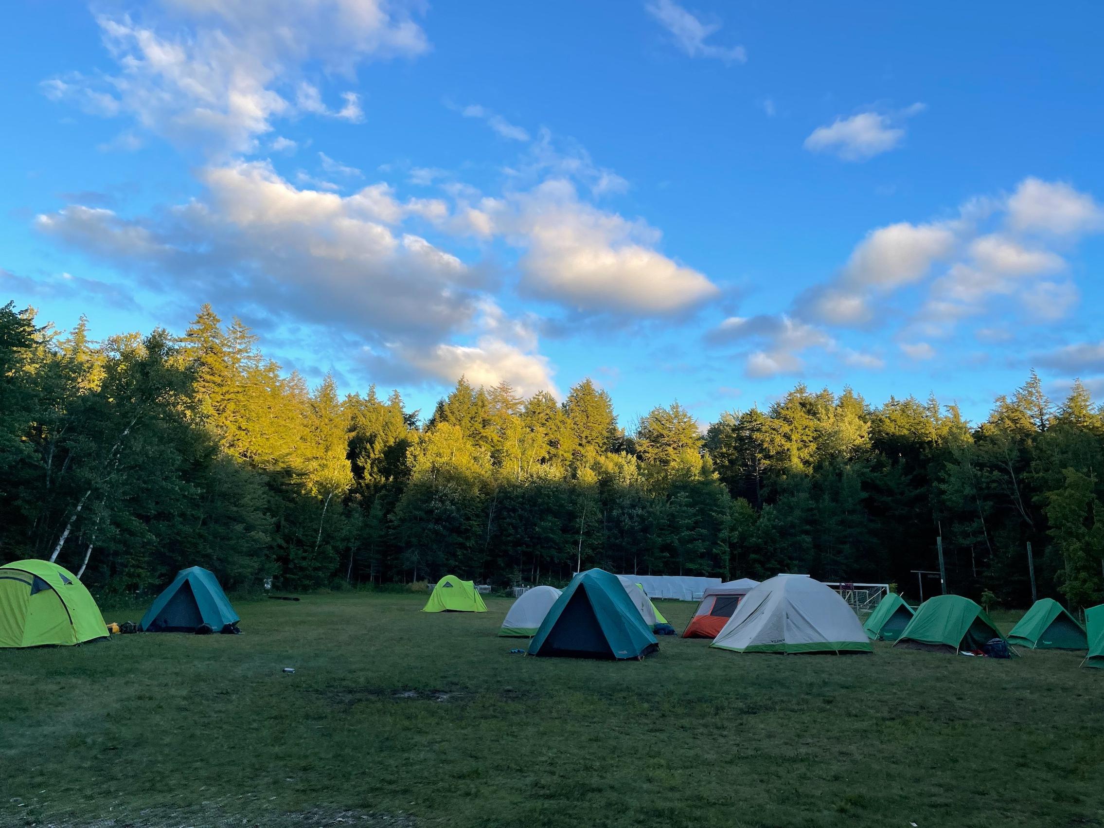 A group of multicolored tents are scattered across a shaded field.